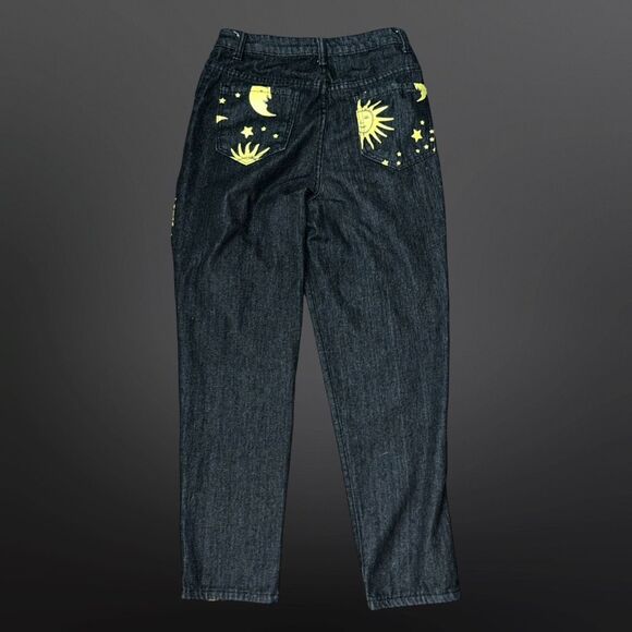 Woman’s Black Denim Factory Bright Yellow Moon & Sun Stars Pattern 28x28 #231 - Picture 4 of 5